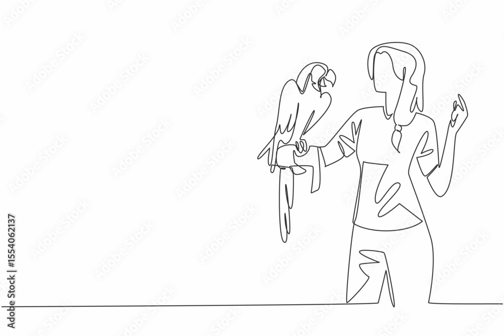 Single one line drawing blue gold macaw parrot perched on hand of woman. Large parrot with long tail feathers. Grain eaters. Pets. Woman Holding Bird. Continuous line design graphic illustration
