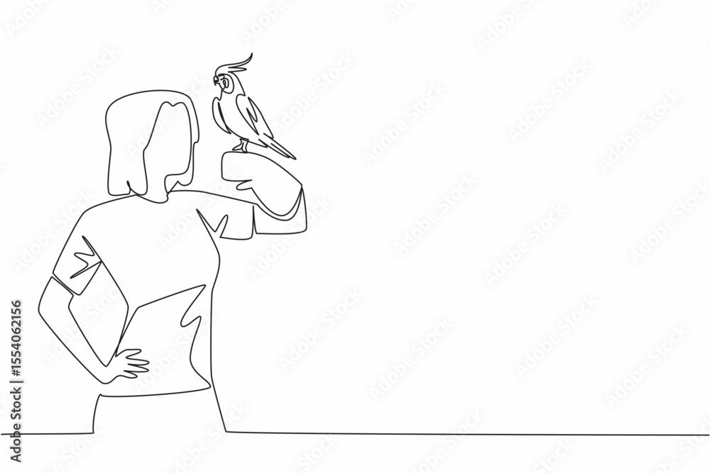 Obraz premium Single one line drawing grey cockatiel perched on hand of woman. Bird with characteristic crest on its head. A gentle and loving animal. Woman Holding Bird. Continuous line design graphic illustration