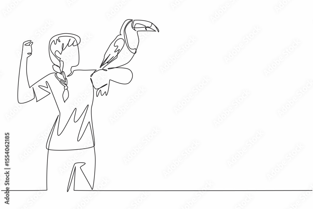Fototapeta premium Single one line drawing keel billed toucan perched on hand of woman. Very social bird and lives in small groups. Population decreasing. Woman Holding Bird. Continuous line design graphic illustration