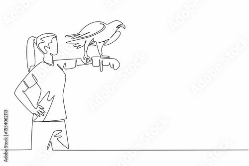 Continuous one line drawing sea ​​eagle perched on hand of woman. Fish hunters, coastal predators and marine raptors. The strong claws. Woman Holding Bird. Single line draw design vector illustration