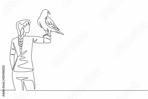 Single continuous line drawing white and beige falcon bird perched on hand of woman. A bird of prey that is reliable in all conditions. Claws. Woman Holding Bird. One line design vector illustration