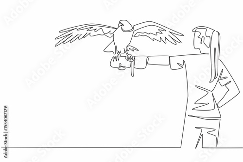 Single one line drawing peregrine falcon perched on hand of woman. The fastest animal in the world while chasing its prey. Strong claws. Woman Holding Bird. Continuous line design graphic illustration