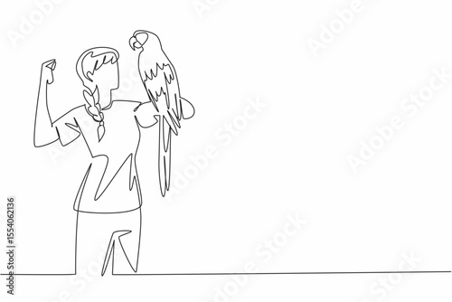 Single continuous line drawing scarlet macaw parrot perched on hand of woman. The most beautiful and popular parrot. Can be a good friend. Woman Holding Bird. One line design vector illustration