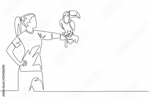 Continuous one line drawing toucan bird perched on hand of woman. Large billed tropical birds live in tropical forests. Eating insects. Woman Holding Bird. Single line draw design vector illustration