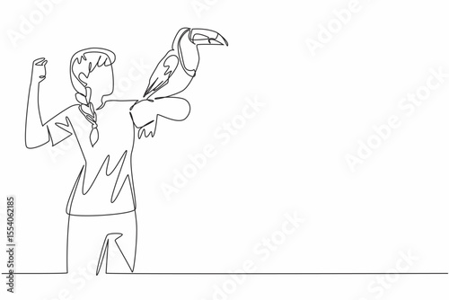 Single one line drawing keel billed toucan perched on hand of woman. Very social bird and lives in small groups. Population decreasing. Woman Holding Bird. Continuous line design graphic illustration