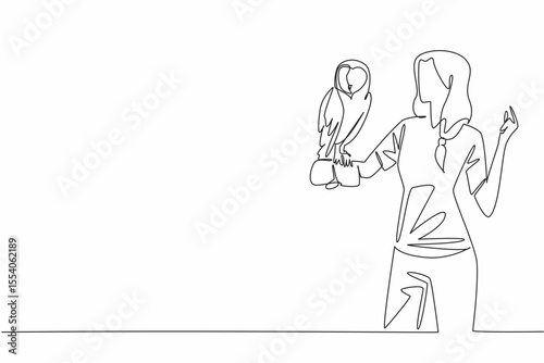 Single continuous line drawing barn owl perched on hand of woman. This animal has very sharp hearing. Hunter of the night who flies silently. Woman Holding Bird. One line design vector illustration