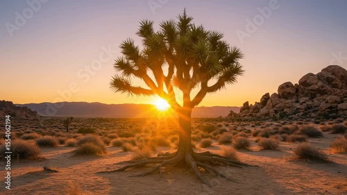 Majestic Joshua Tree Silhouetted Against Sunset in Desert