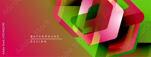 Abstract geometric shapes overlap, creating vibrant color gradients. Red, green, pink hues dominate design. Modern, dynamic composition.