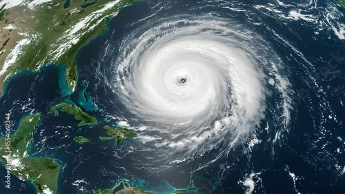 Aerial View of a Powerful Hurricane Over the Blue Ocean with Swirling White Clouds Dominating the Scene and Fragment of Land