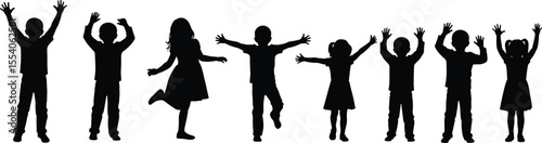 Silhouettes of happy children jumping and raising hands, group of kids in motion, joyful activity scene, playful youth, dancing figures, white backgroundPrint