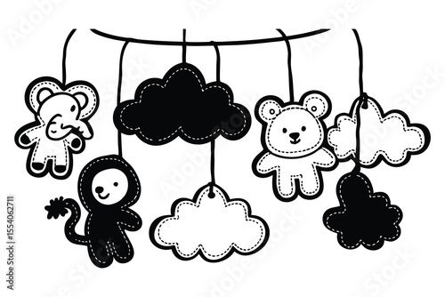 Adorable hanging baby mobile with cute teddy bear elephant monkey and cloud shape illustrations in black and white