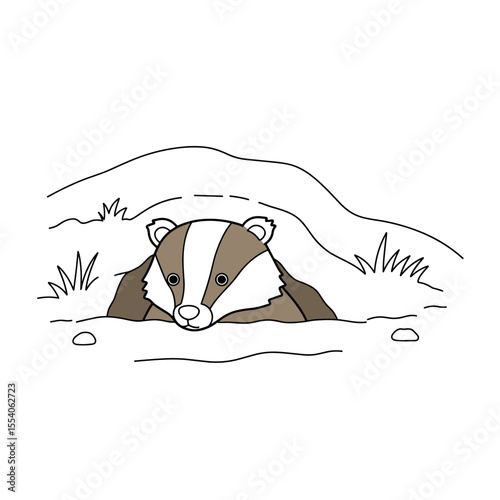 A cartoon badger peeks out of its burrow amid grass and rocks, its black-and-white striped face visible.