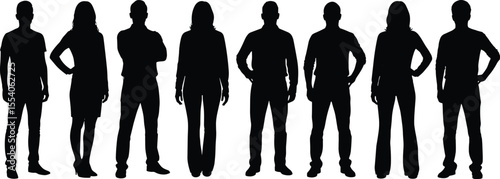 Silhouettes of standing people in row, flat icon illustration, gender mix group, minimal profile symbols, black graphic on white background, design concept
