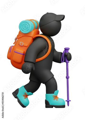 Cartoon Hiker Character Wearing Black Outfit Brightly Colored Hiking Boots and Backpack