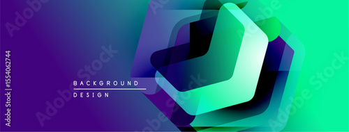 Abstract geometric shapes overlap, creating vibrant gradient effect. Purple, green hues dominate design. Modern, dynamic composition.