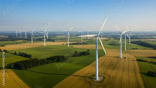 Aerial View Of A Wind Turbine Farm In Green And Brown Field Under Blue Sky