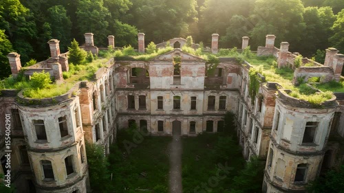 Aerial View of an Abandoned Brick Building in Sunlight Overgrown with Greenery and Trees