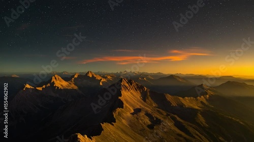 Majestic mountain landscape at sunset with starry sky backdrop