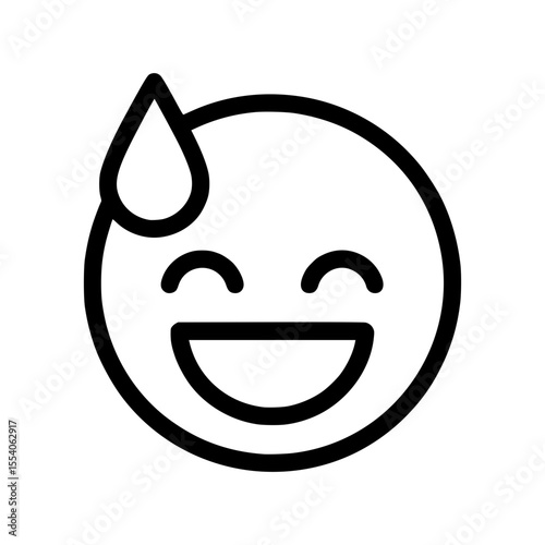 Black outline smiling emoji face with a sweat drop isolated icon