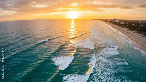 Aerial View of Beach with Turquoise Water Waves And Sunset Sky At Dusk