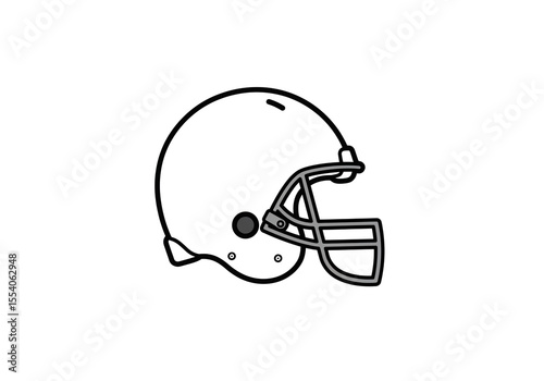 A simple black and white line drawing of a football helmet with a gray face mask on white background
