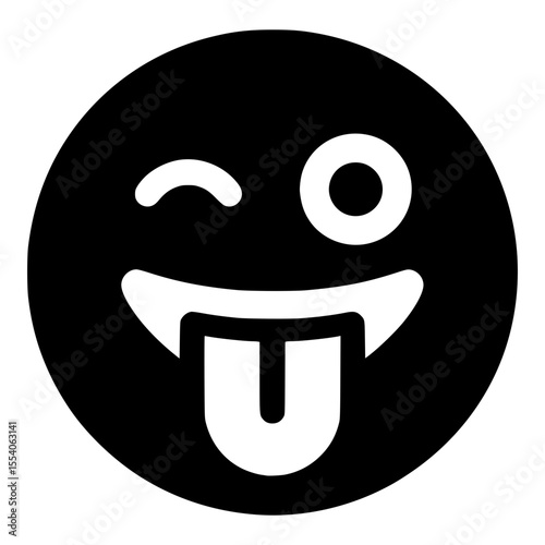 Playful Winking Black Emoji Face with Tongue Sticking Out and Pointy Fangs