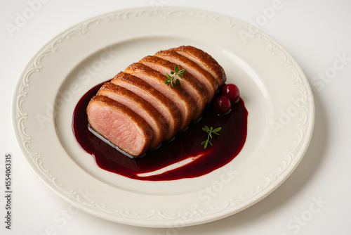 Seared duck breast sliced on a fine bone china plate with berry reduction