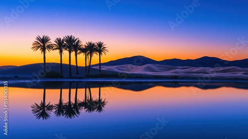 Tranquil Desert Oasis: Palm Trees Mirrored in Still Water at Colorful Sunset