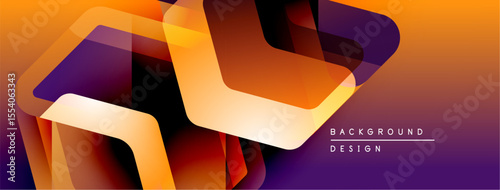 Abstract geometric shapes overlap, creating vibrant orange, purple gradients. Modern design feels dynamic, energetic. Background suggests technology, innovation.