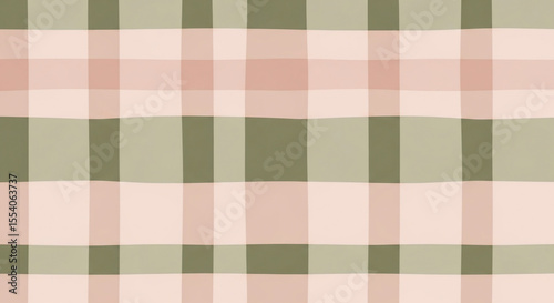 Soft, hand-drawn plaid pattern featuring pastel pink and muted olive green squares. This seamless gingham design creates a cozy, inviting background, ideal for textile prints, digital paper, and