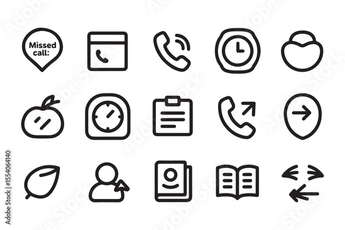 Set of simple black line icons representing communication and daily life elements