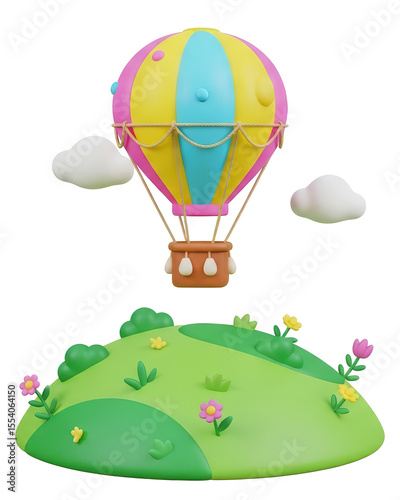 Colorful Hot Air Balloon Floating Above Green Hills with Flowers and Clouds