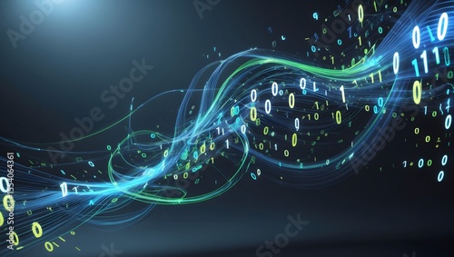 Digital Flow: An intricate stream of binary code dances across a dark background, a vibrant depiction of data's essence, showcasing a captivating display of digital innovation and interconnectedness.