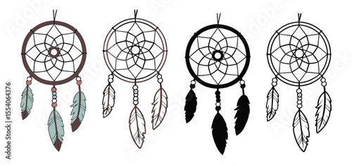 Artistic four hand drawn dream catchers with diverse styles and feather embellishments vector illustration on a white background.