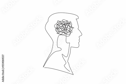 Continuous one line drawing the head of a man with a tangled wire in the middle of his head. Too many problems. Involute. Complex. Inside the Head of Man. Single line draw design vector illustration