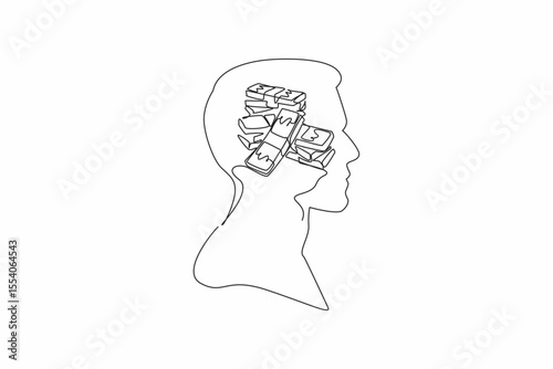 Continuous one line drawing the head of a man with pile of banknotes in the middle of his head. Estimated profit this week. Profit. Inside the Head of Man. Single line draw design vector illustration