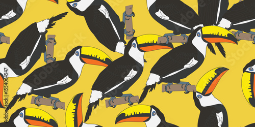 Toucan Cartoon. Vector Illustration. Seamless Pattern Wallpaper.Yellow background.