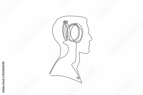 Continuous one line drawing head of a man with a wedding ring in the middle of head. Full of love. Heading to the wedding soon. Inside the Head of Man. Single line draw design vector illustration