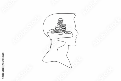 Single one line drawing head of a man with a pile of coins in the middle of his head. Small change will be put into the piggy bank. Inside the Head of Man. Continuous line design graphic illustration