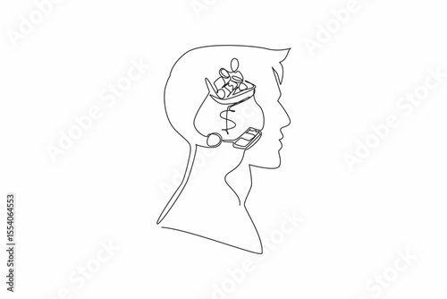 Single one line drawing head of man with an open money bag in the middle of his head. The best place to save money is to invest it. Inside the Head of Man. Continuous line design graphic illustration