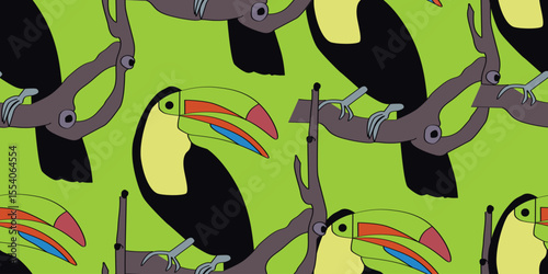 Keel-Billed Toucan Cartoon. Vector Illustration. Seamless Pattern Wallpaper.