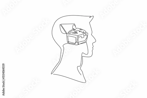 Continuous one line drawing head of man with treasure box and gold coins in the middle of head. Classic things for a better future. Inside the Head of Man. Single line draw design vector illustration