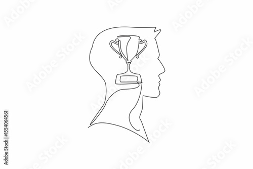 Single continuous line drawing head of a man with a trophy in the middle of his head. Always think about being a champion. The ambitious. Inside the Head of Man. One line design vector illustration