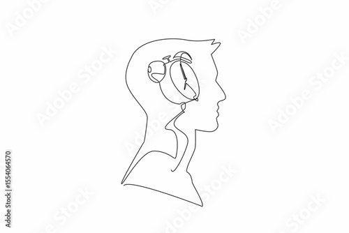 Continuous one line drawing the head of a man has an alarm clock in the middle of his head. Thinking about the many work deadlines. Inside the Head of Man. Single line draw design vector illustration