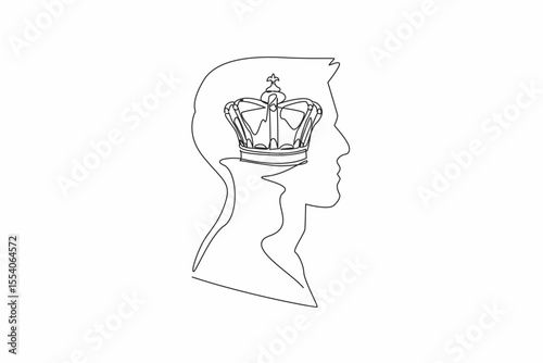 Single continuous line drawing the head of a man with a royal crown in the middle of his head. Preparing the next generation of the kingdom. Inside the Head of Man. One line design vector illustration