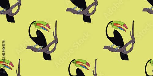 Keel-Billed Toucan Cartoon. Vector Illustration. Seamless Pattern Wallpaper.