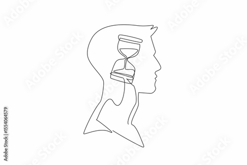 Single continuous line drawing the head of a young man with an hourglass in the middle of his head. Counting down to resign from work. Inside the Head of Man. One line design vector illustration