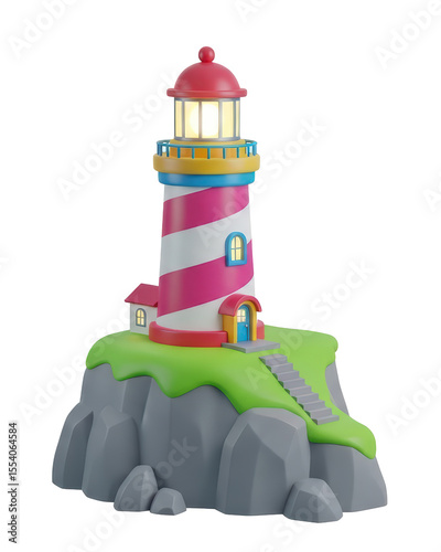 Colorful Lighthouse Model on Rock Base with Green Landscape for Children and Toy Decor