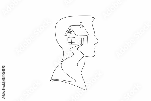Single one line drawing the head of a man has a miniature house in the middle of his head. Property to be used as passive income. Inside the Head of Man. Continuous line design graphic illustration