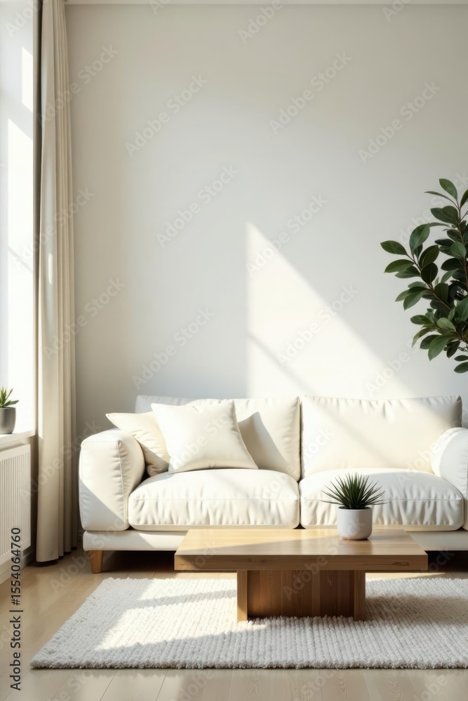 Fototapeta premium Serene Living Room Interior Design Featuring a Comfortable Off-White Sofa, Wooden Coffee Table, and Lush Greenery